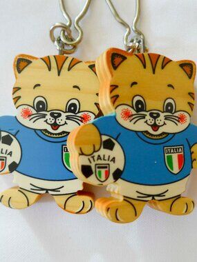 Set of Two Bartolucci Italy Wood Cat Gli Azzurri EUFA Keychain